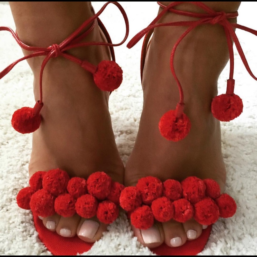 Aquazzura Red Pom Pom Heels